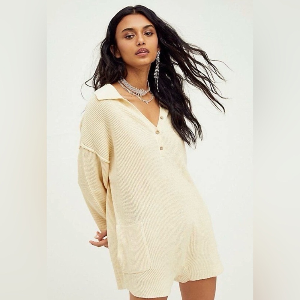 Free People Cream Ribbed Jumpsuit